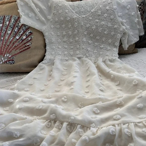 Annebouti Swiss Dot Midi Dress Sz XS Cream Smocked Cute Swing Ruffle Hem Girlie - Picture 3 of 10